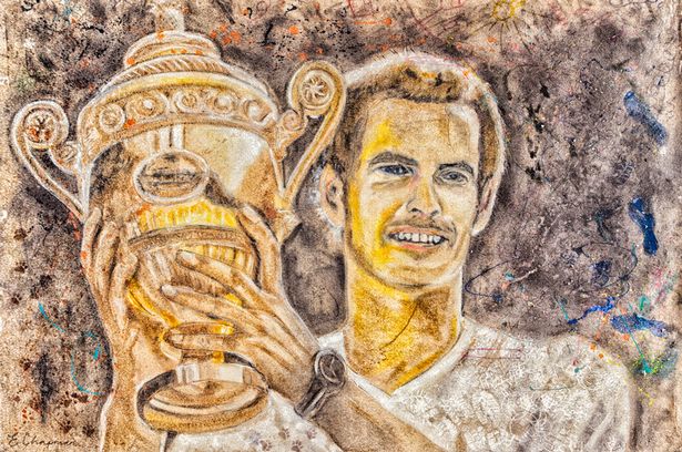 Wimbledon champion Andy Murray captured on carpet using wine and coffee photo
