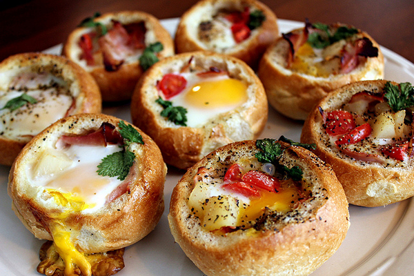 Bread buns filled with egg and tomatoes photo