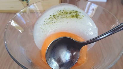 Summer melon with lime, melon sorbet and Champagne Espuma.