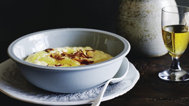 Lemon rice pudding with gin syrup photo