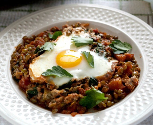 Baked Eggs in Tomatoes with Lentils and Whipped Goat Cheese photo