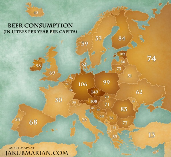 A map of Europe according to whether people prefer wine or beer photo