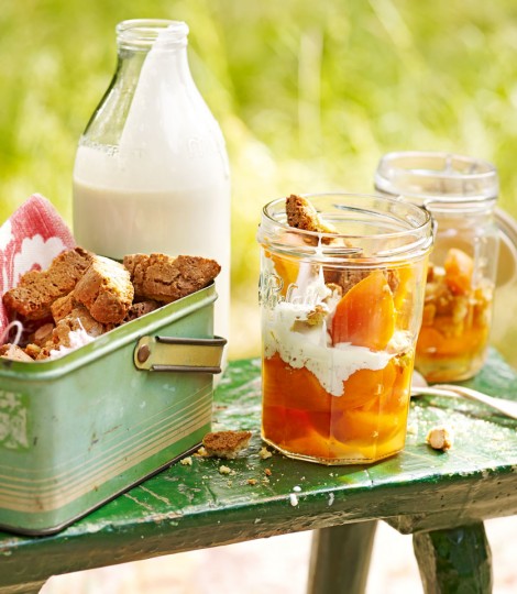 Booze-infused Apricots with Biscotti and Cream photo
