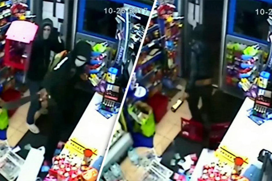 Dramatic Moment Hero Shopkeeper Fights Off Knife-wielding Robbers With Newspaper stand photo