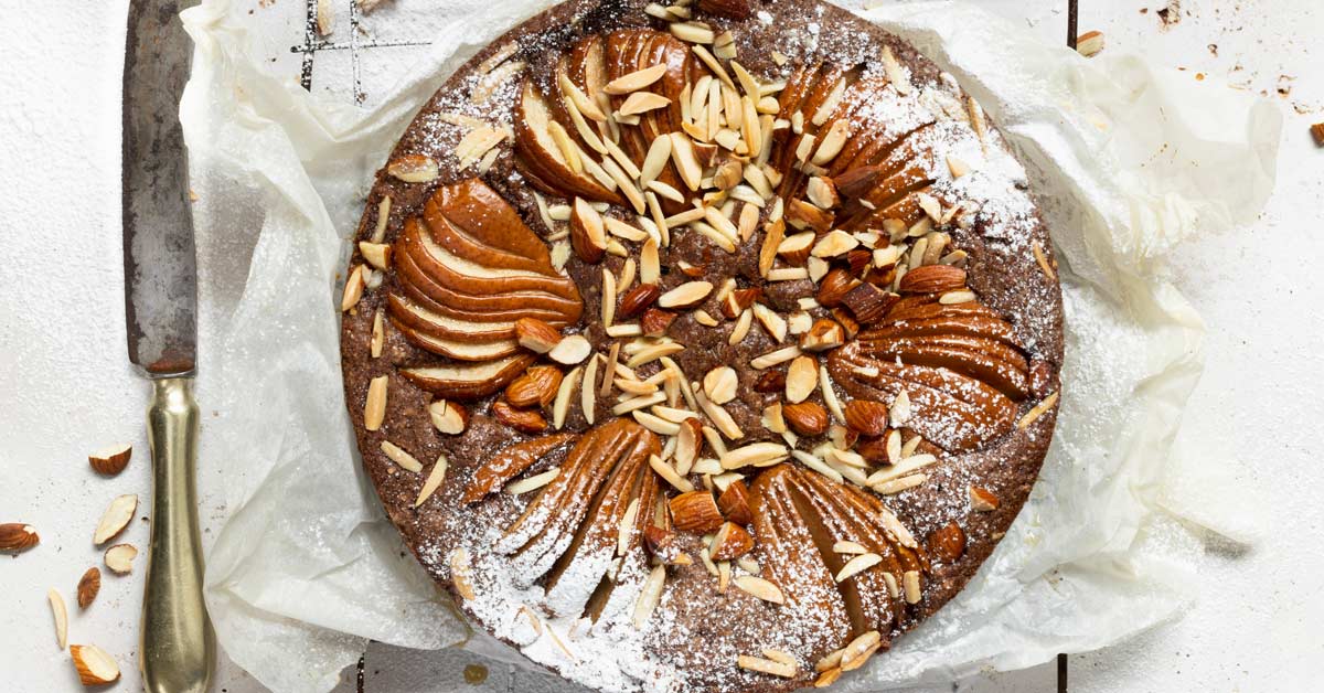 Chocolate Olive Oil Torte With Cardamom, Pears & Almonds photo