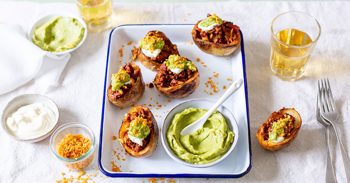 Spicy Beef Potato Skins Topped With Guacamole photo