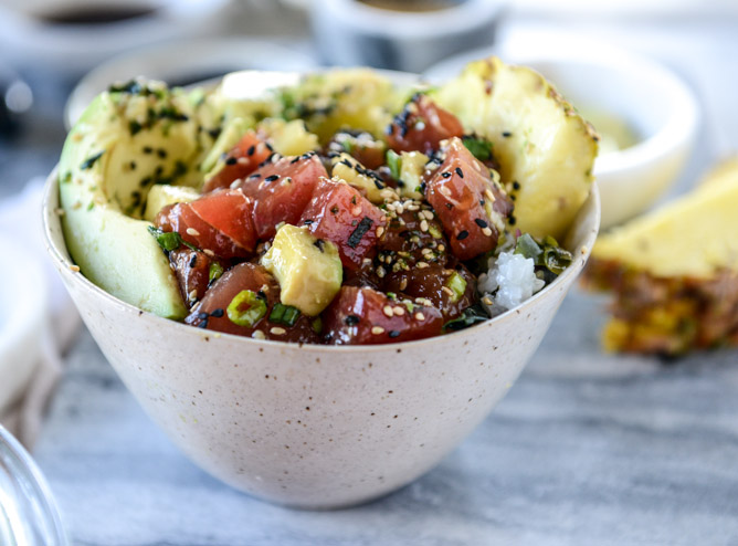 Ahi Poke Bowls With Grilled Pineapple And Avocado. photo