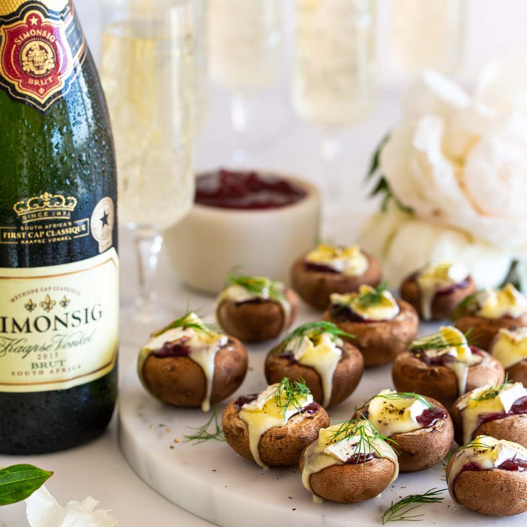 Cranberry and Brie Mushroom Bites paired with Simonsig  Kaapse Vonkel photo