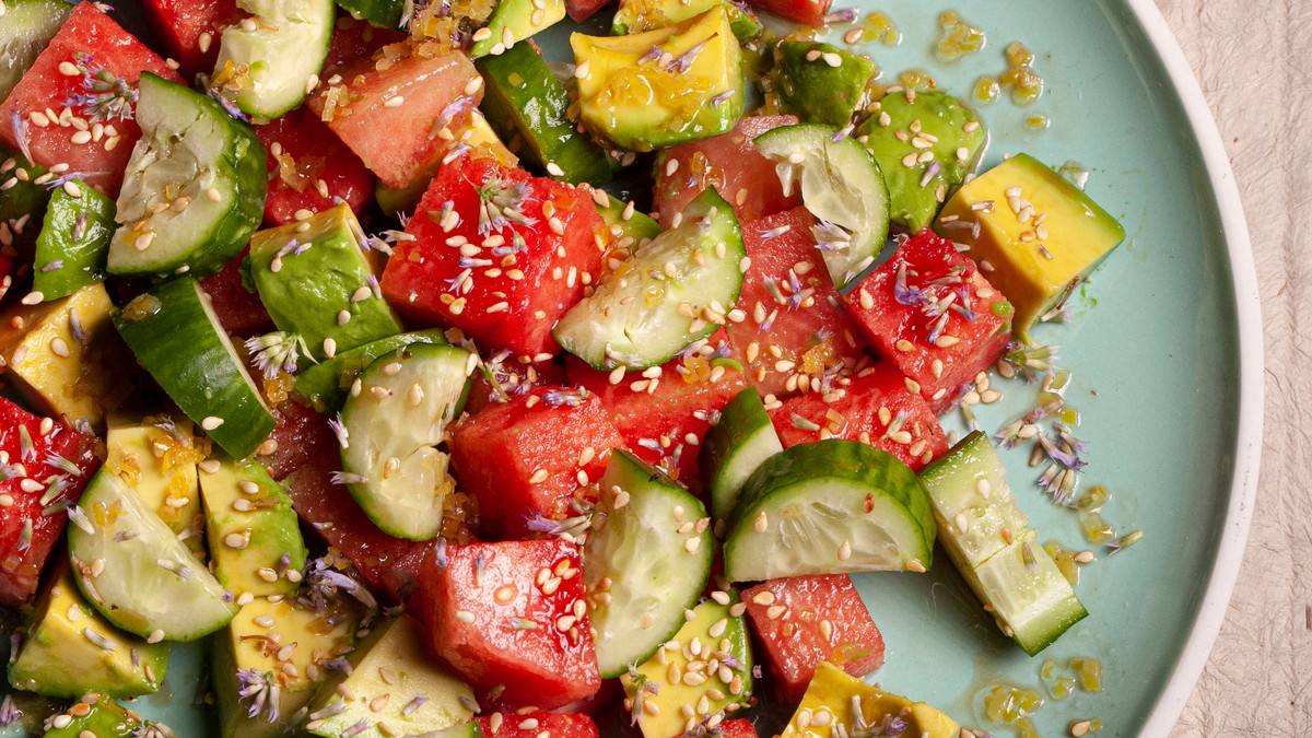 Watermelon, Avocado, And Cucumber Salad With Lemon And Sesame Dressing Recipe photo