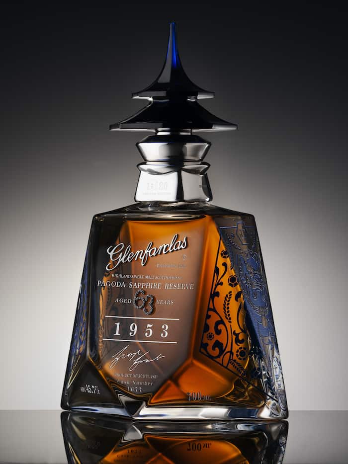 Glenfarclas Steps Into Collector’s Territory Again 63 Year Scotch In Sapphire Decorated Decanter photo